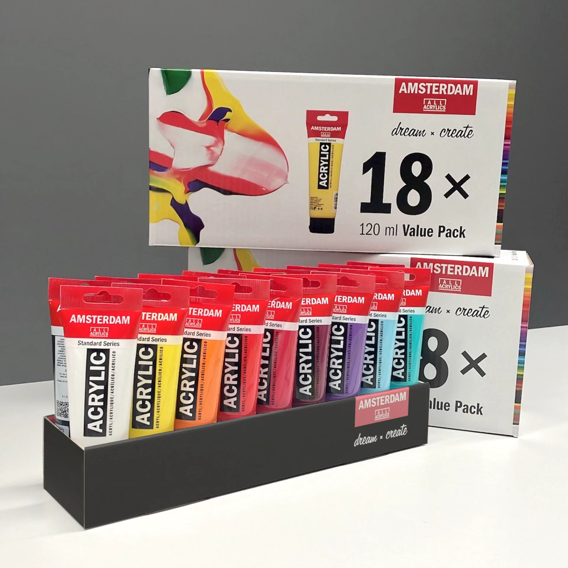 Boîte Amsterdam Acrylic 18×120 ml devant ses tubes, vue 4 — Royal Talens