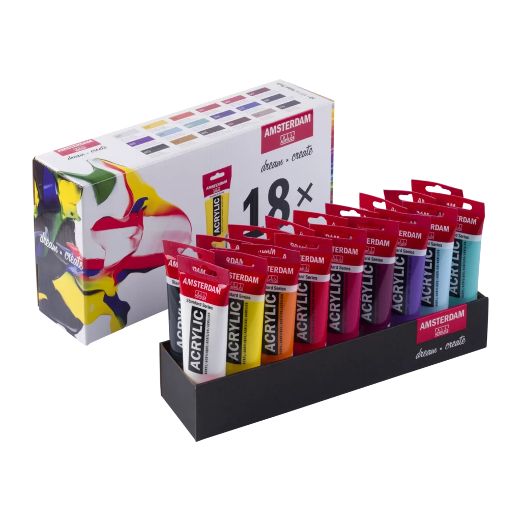 Boîte Amsterdam Acrylic 18×120 ml et tubes à bouchon rouge, vue 1 — Royal Talens