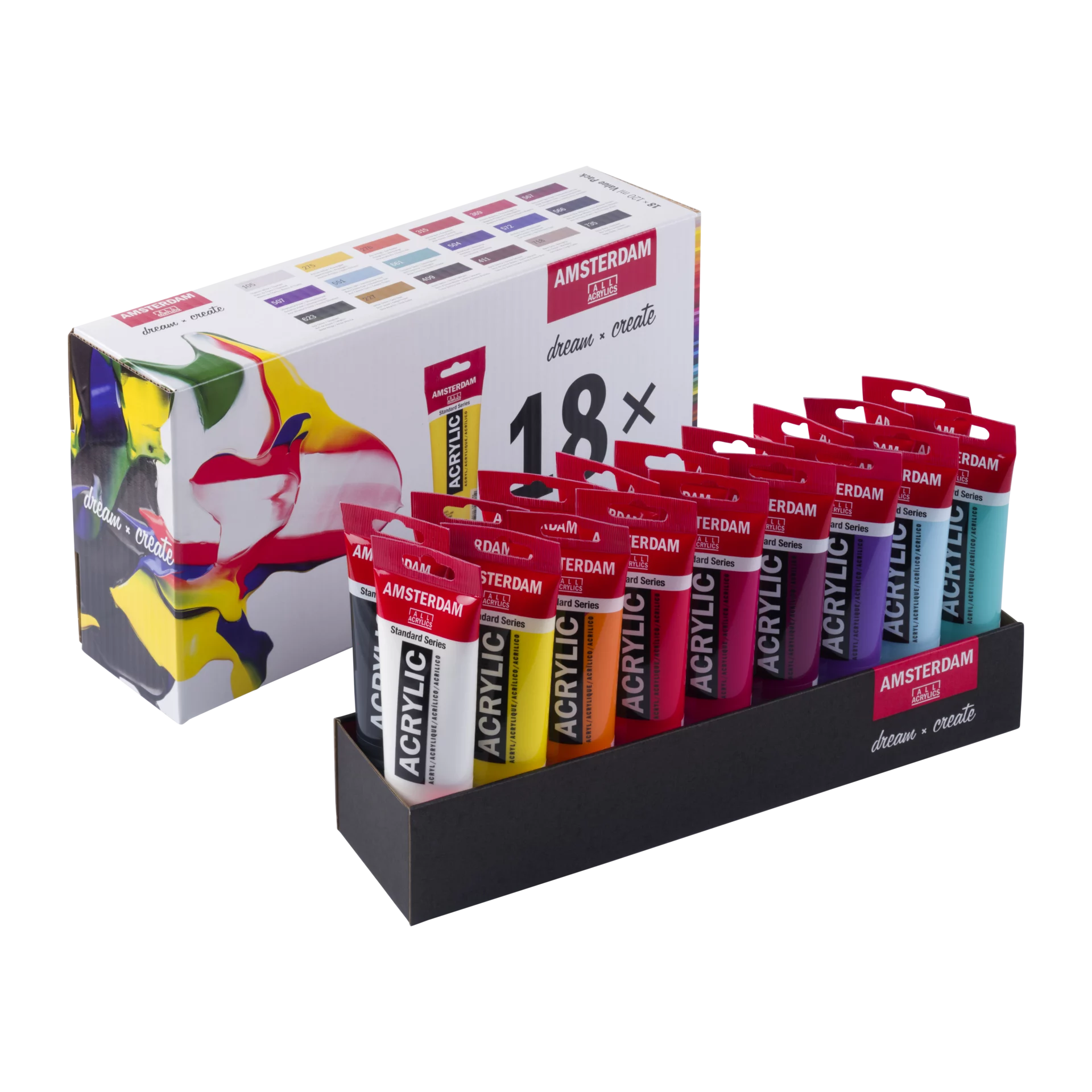 Boîte Amsterdam Acrylic 18×120 ml et tubes à bouchon rouge, vue 1 — Royal Talens