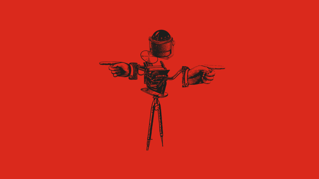 Black-on-red collage: a figure made of a ship’s compass, a printing press, two hands pointing in opposite directions and a pair of dividers.