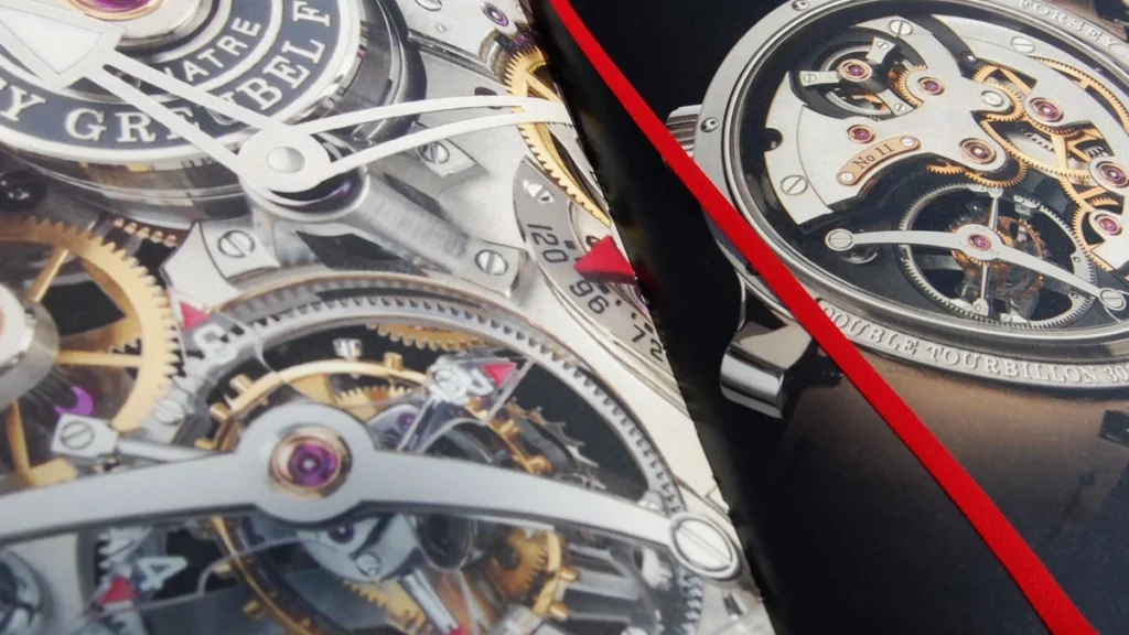 Gros plan d’un mouvement Greubel Forsey dans le catalogue