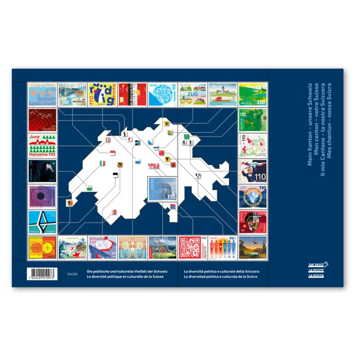 Feuillet spécial « Mon canton – notre Suisse » réunissant les timbres des 26 cantons autour d’une carte de la Suisse
