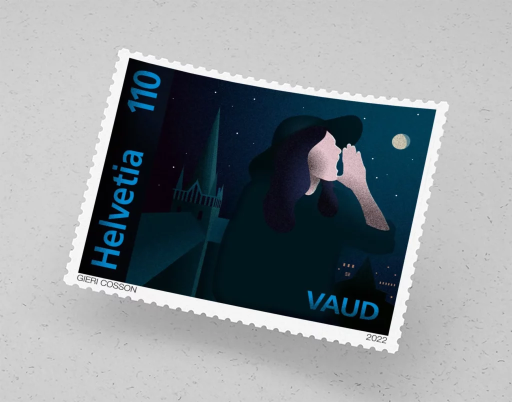 Timbre « Vaud » de La Poste Suisse : une femme guet appelle depuis la tour de la cathédrale de Lausanne, de nuit