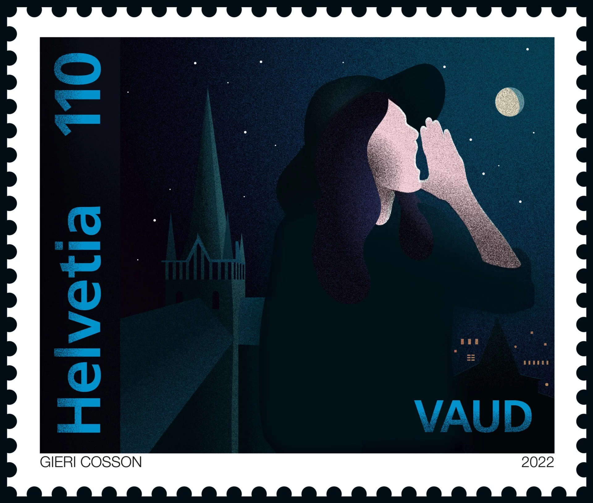 Timbre final « Helvetia 110 – Vaud », illustration nocturne de la guette de Lausanne