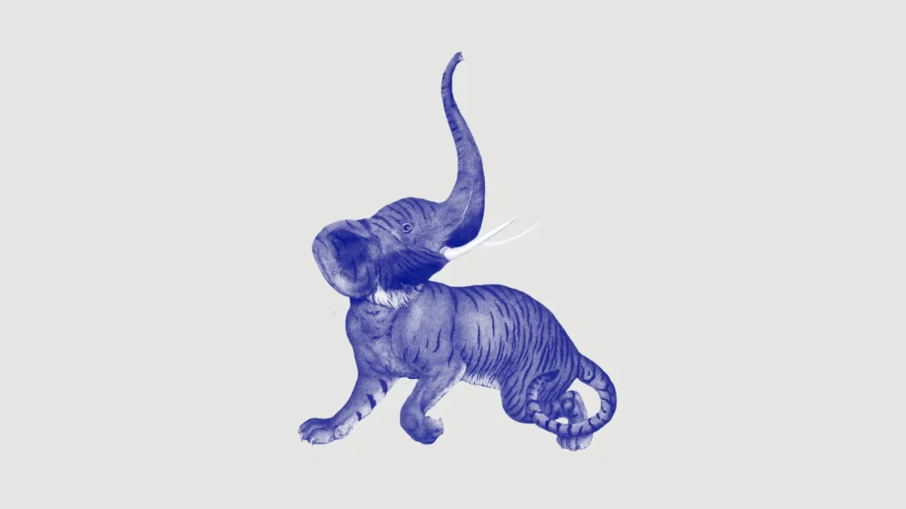 Illustration MAH : créature mi-tigre mi-éléphant en bichromie de bleus