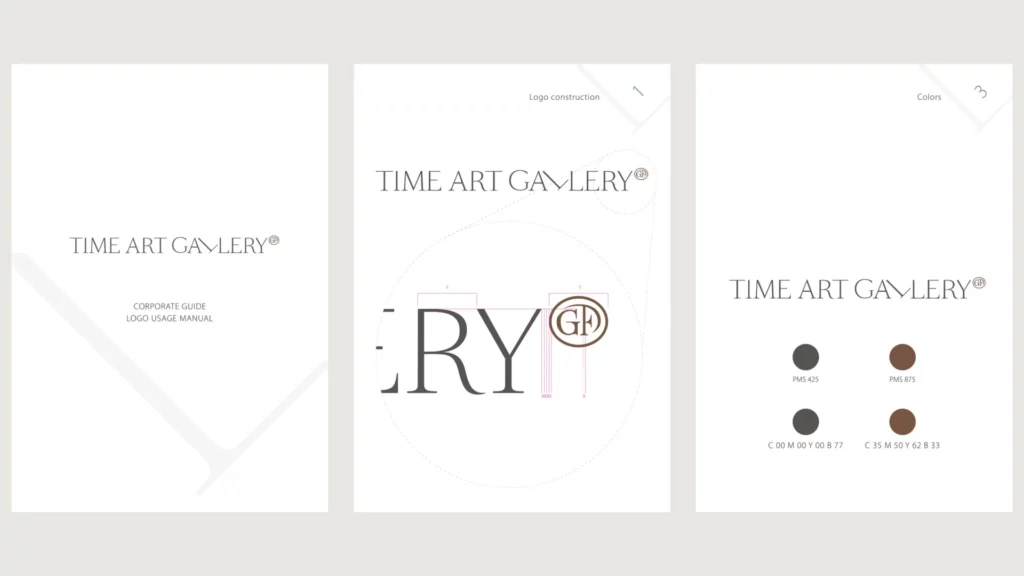Pages du guide d’utilisation du logotype Time Art Gallery : construction, couleurs, fonds