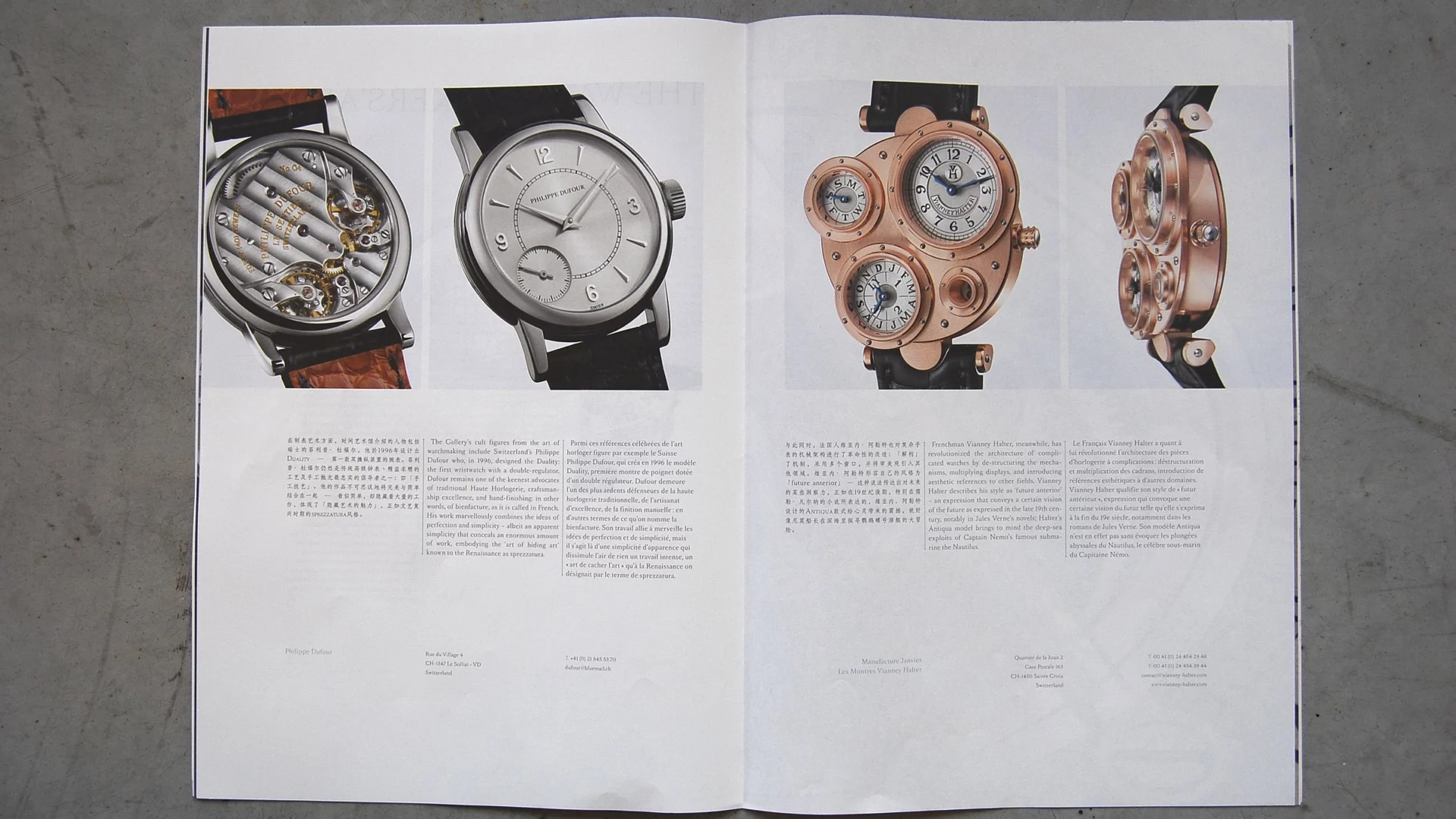 Double page présentant quatre montres Greubel Forsey